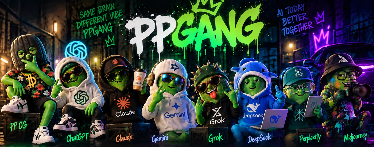 PP OG, ChatGPT, Claude, Gemini, Grok, DeepSeek, Perplexity and Midjourney as a pickle street gang beneath green PPGANG graffiti